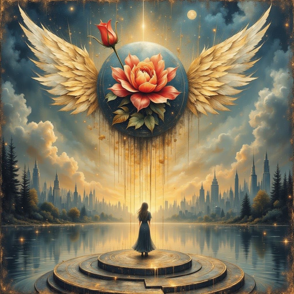 Ethereal Figure Ascends to Meet Celestial Being