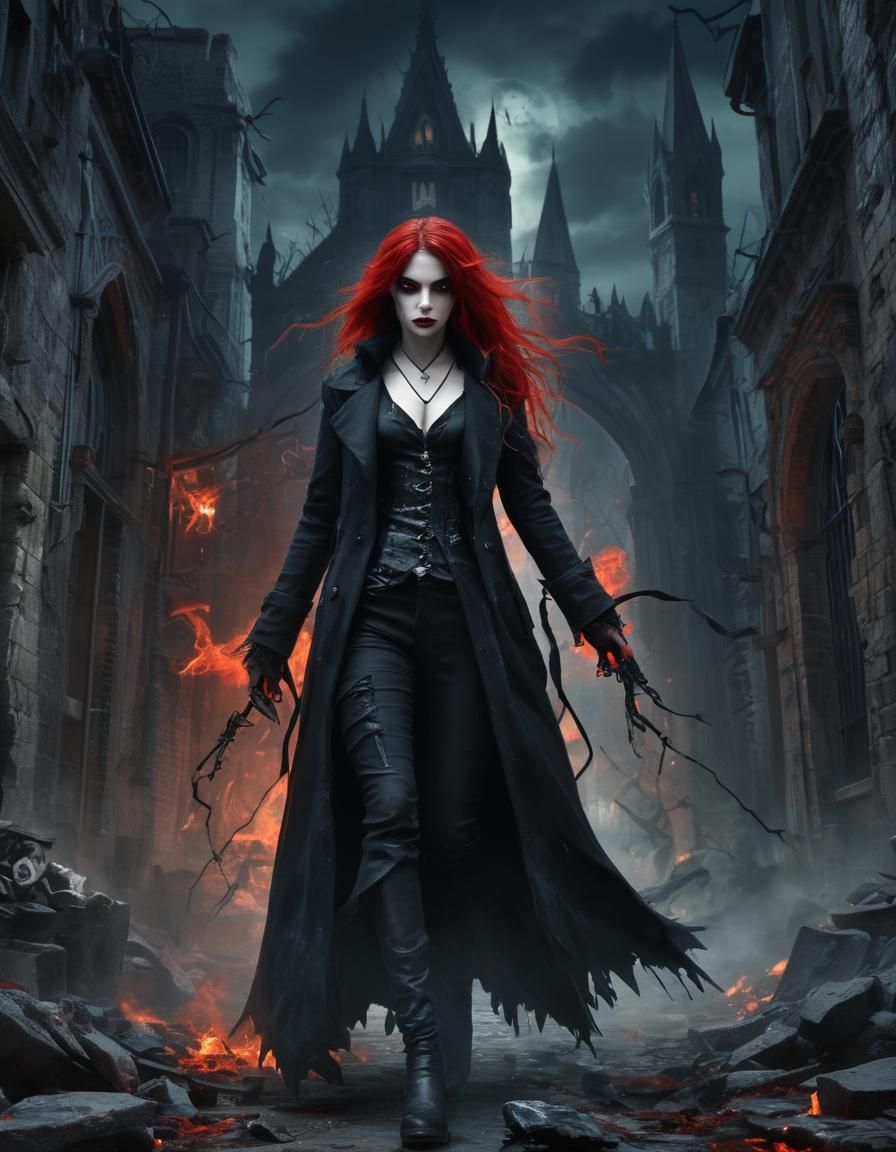 Gothic Horror: Waif in Moonlit, Decayed Landscape