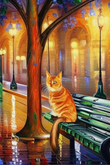 Beautiful Long haired cat with reflective big bright blue eyes, sitting on bench in the rain with bright lights, Epic sc...