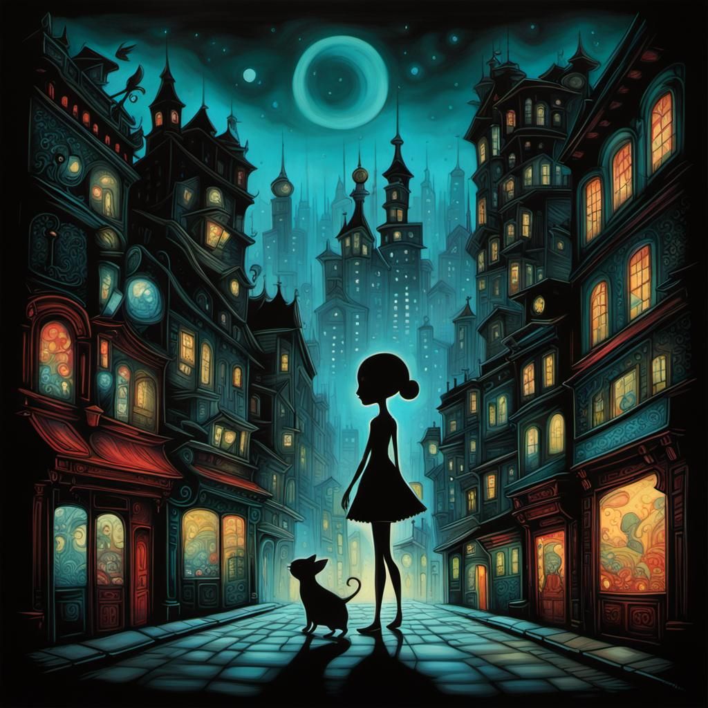 Neon Silhouette in Surreal Urban Dreamscape