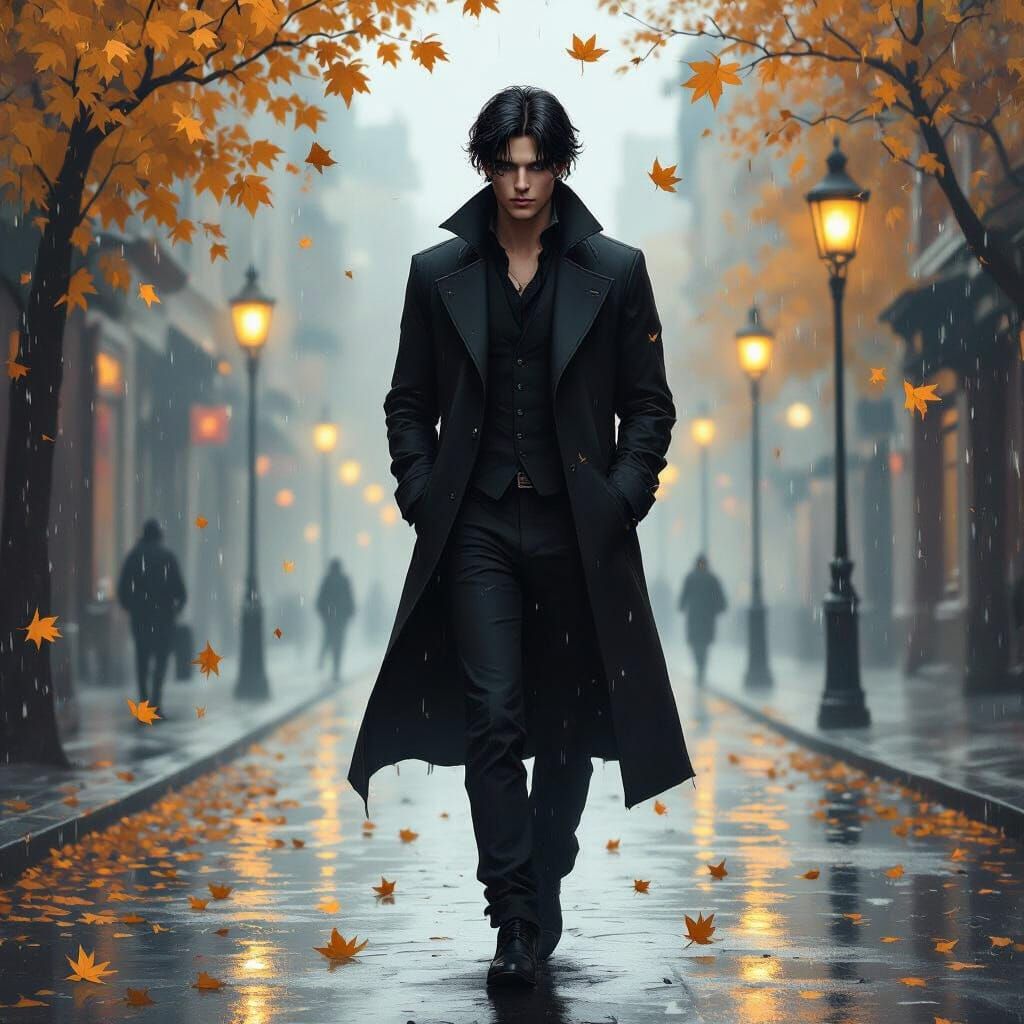 Melancholic Man in Rainy City, Matte Painting Style
