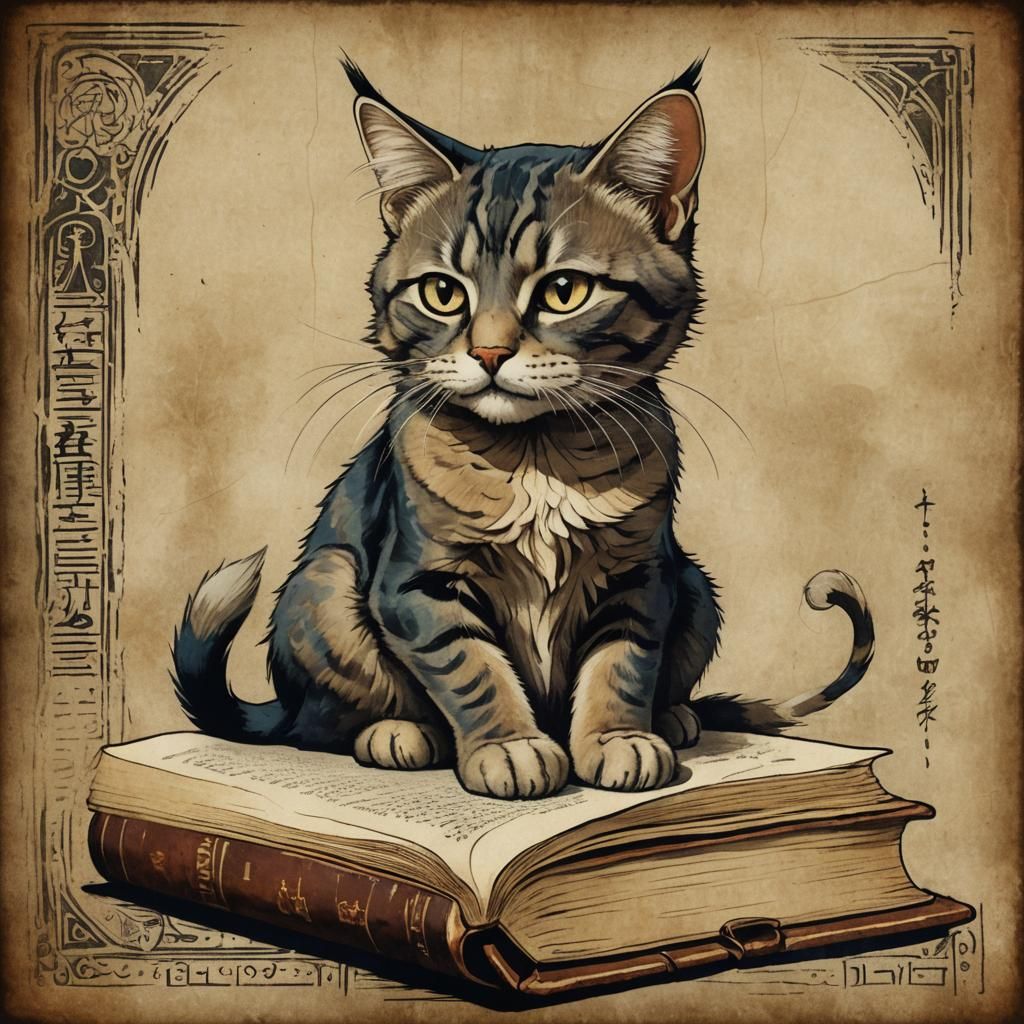 Whimsical Tom Cat Portrait on Ancient Book