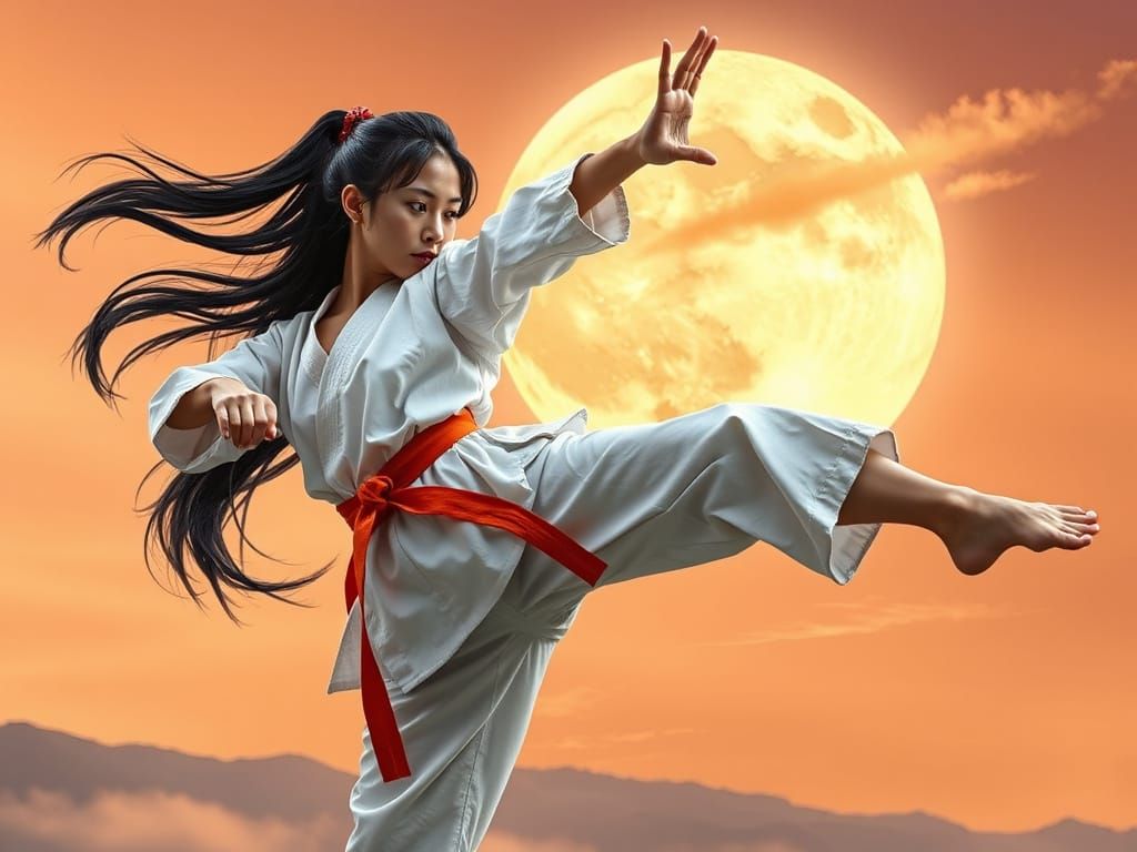 Martial Artist's Flying Kick Under Moonlight
