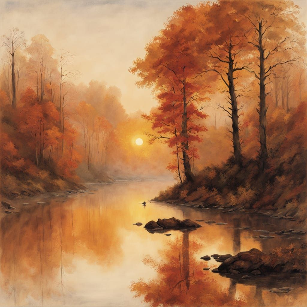 Misty Autumn Forest at Dawn with Reflecting Puddle