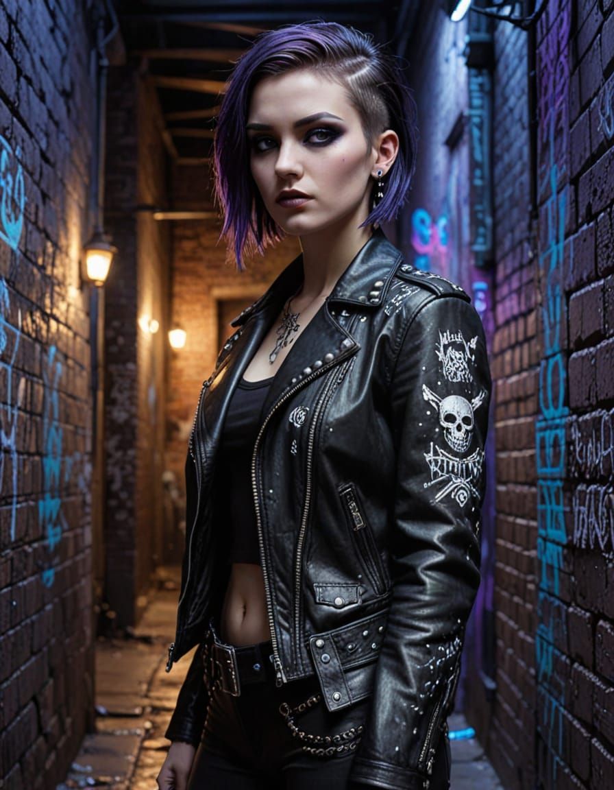 Gothic Punk Lady in Moody Alley - Detailed Digital Art