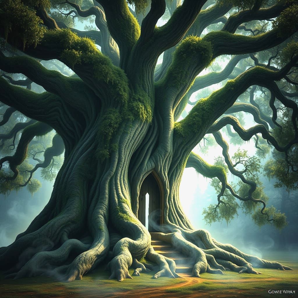 Ethereal Oak Tree in Gothic-Noir Art Nouveau Surrealism