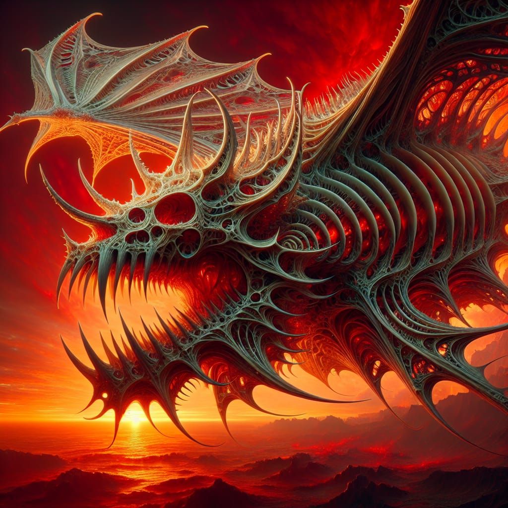 Giant, Fantastical Bat in Fiery Sunset Landscape