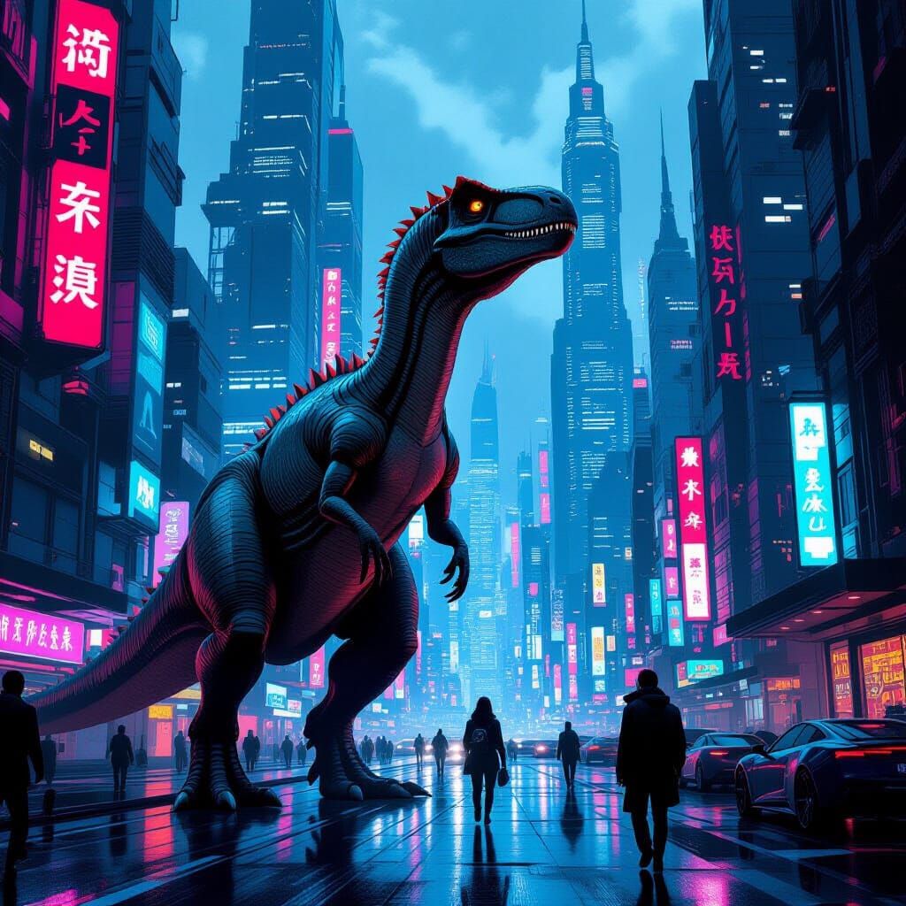 Dinosaur People in a Cyberpunk Cityscape
