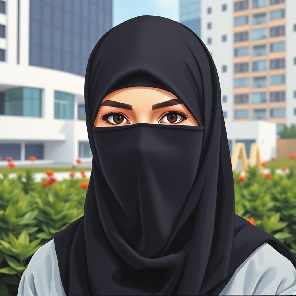 Minimalist Painting of a Niqabi Woman in City Garden