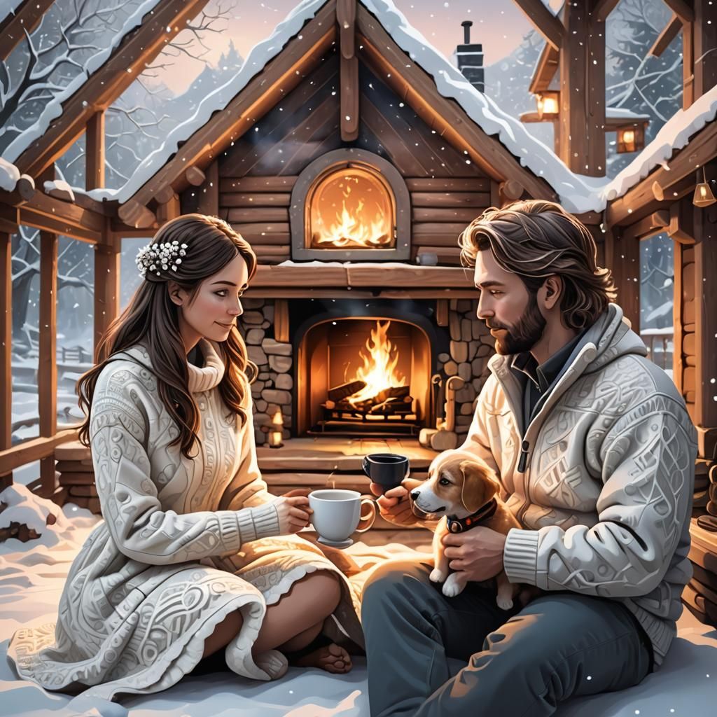 Cozy Couple in Scandinavian Cabin with Puppy