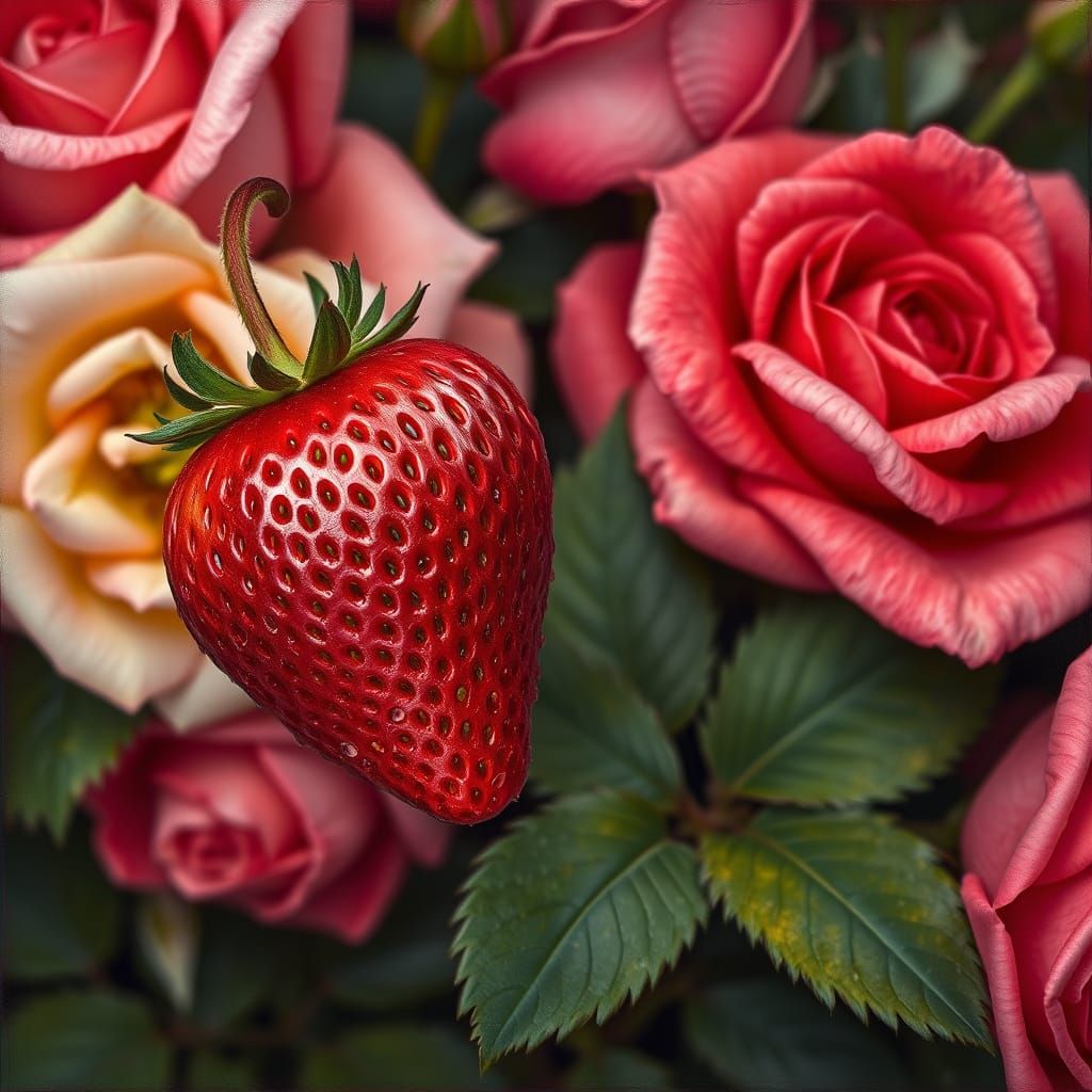 Hyperrealistic Strawberry Among Roses, Pre-Raphaelite Style