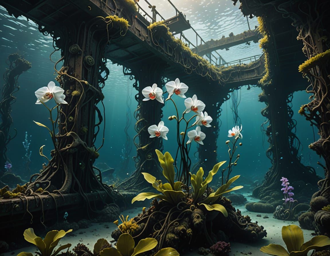 Mysterious Kelp Forest Wreck in Glowing Florals