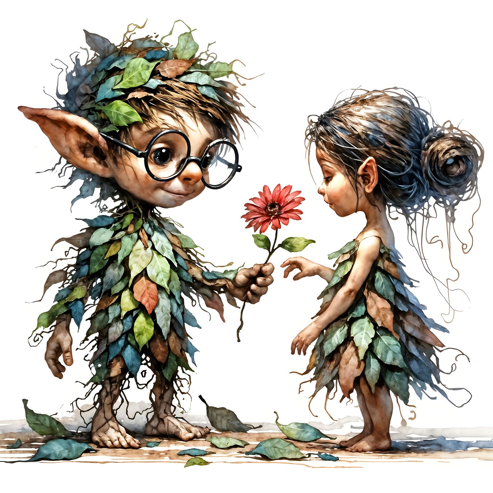 Impressionist Goblins Share a Flower in Watercolour