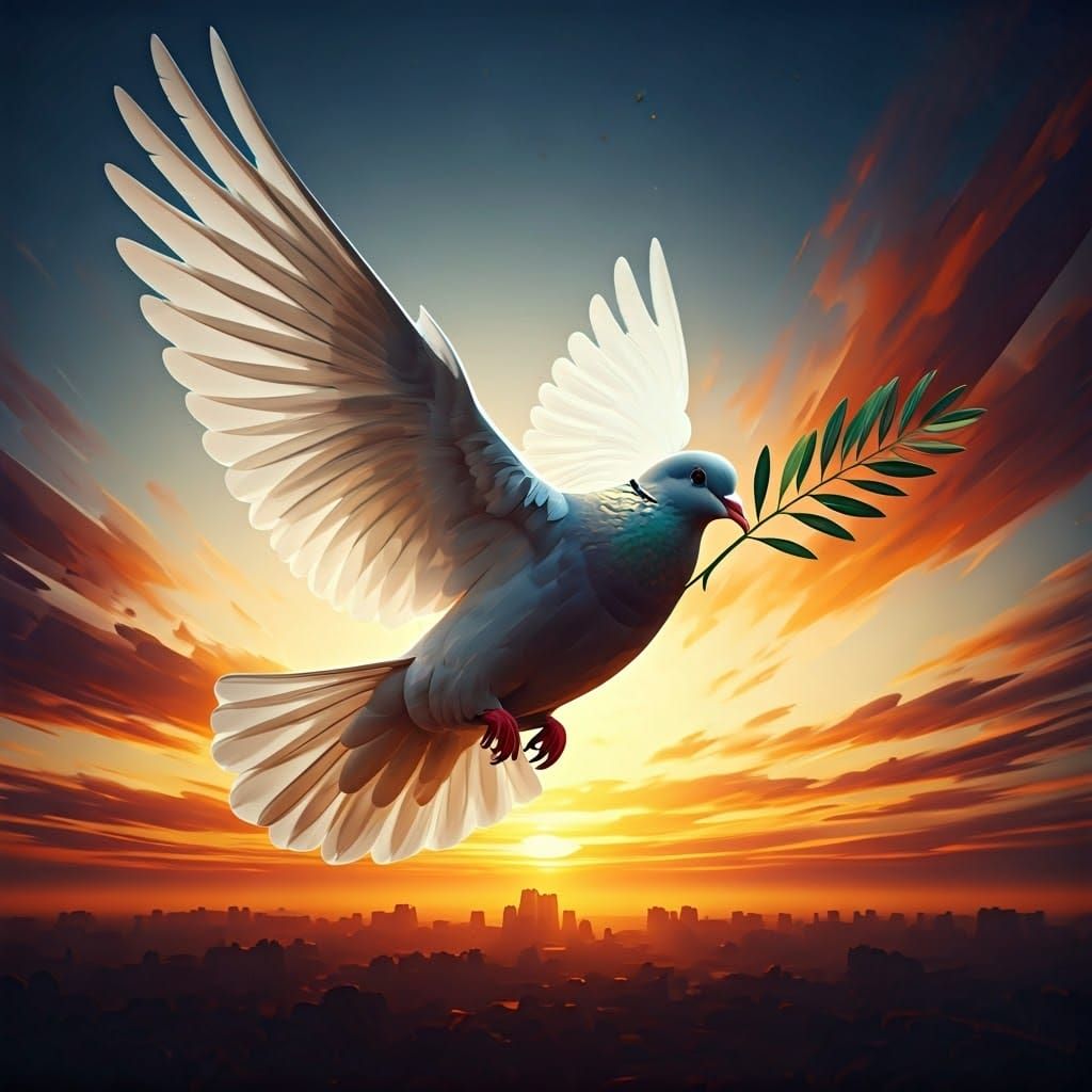 Surreal Dove in Sunset Flight, Inspired by Cubist Art