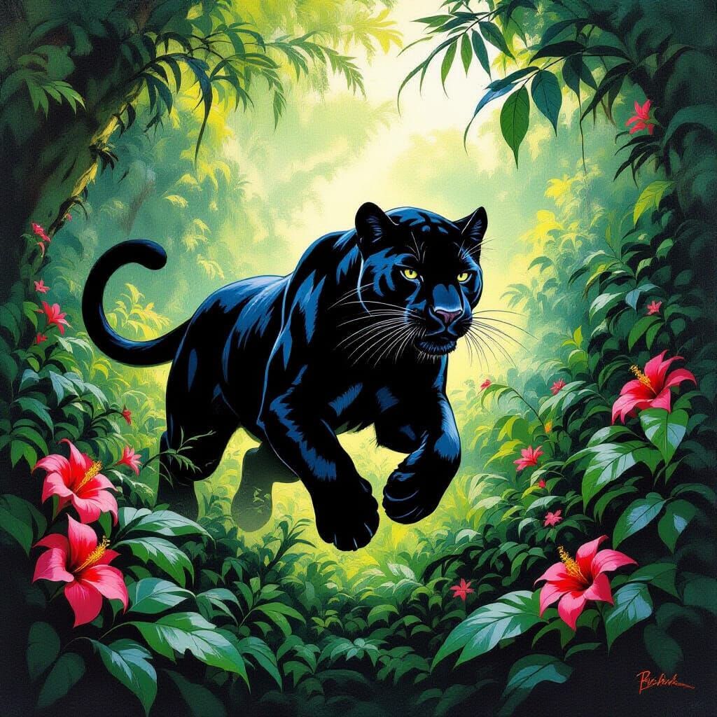 Black Panther Leaps Through Jungle in Classic Painting Style
