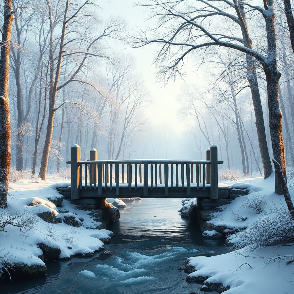 Snowy Forest Stream Crossing in Weathered Wood
