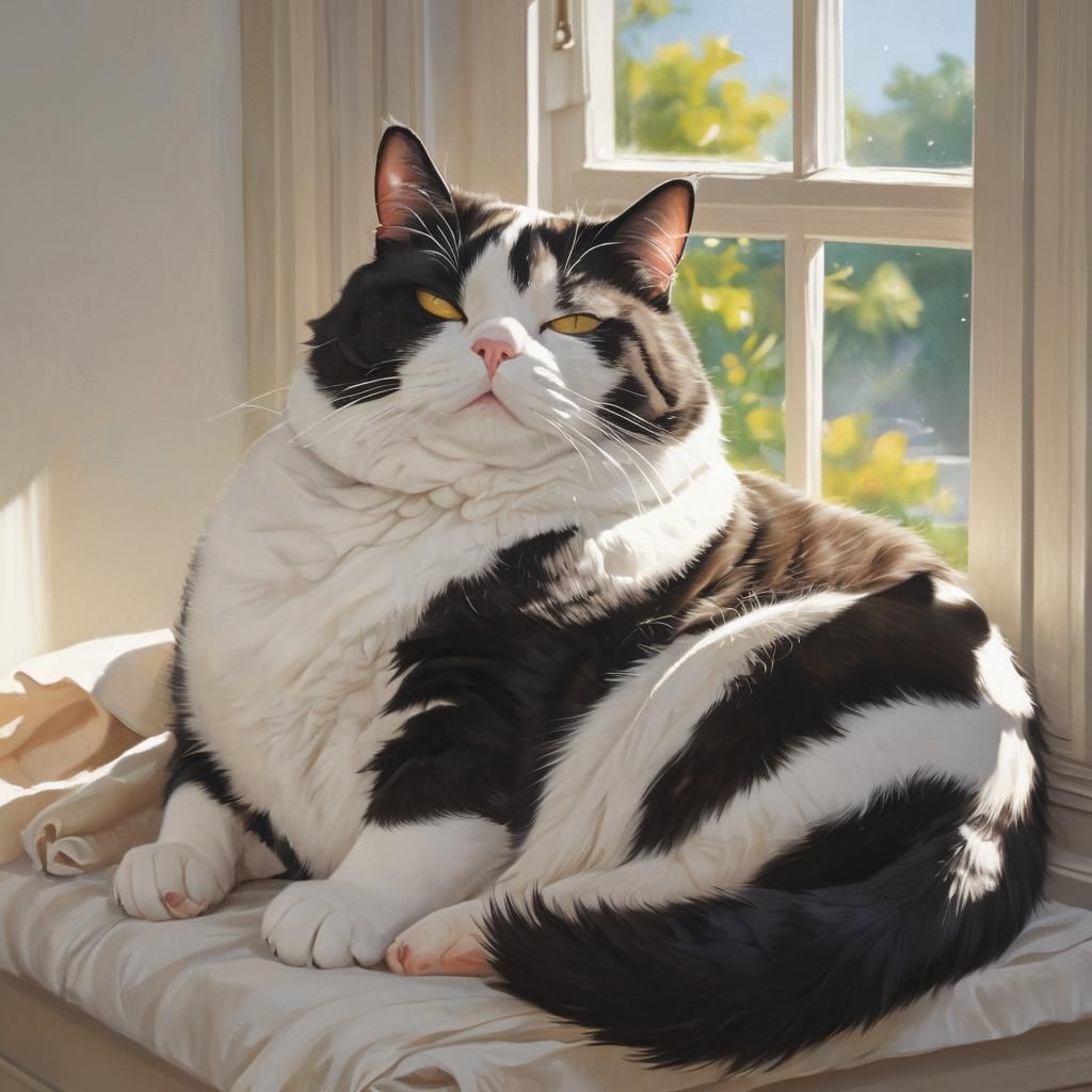 Sleek Tuxedo Cat Basks in Sunny Window