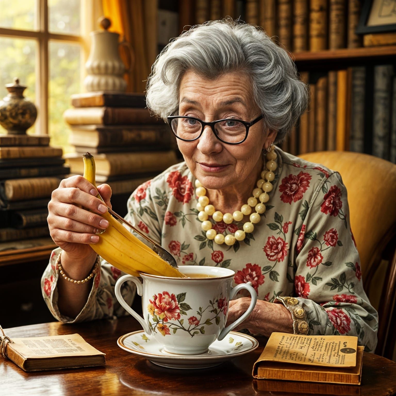 Quirky Old Lady Stirs Tea with Banana, Embracing Whimsical M...