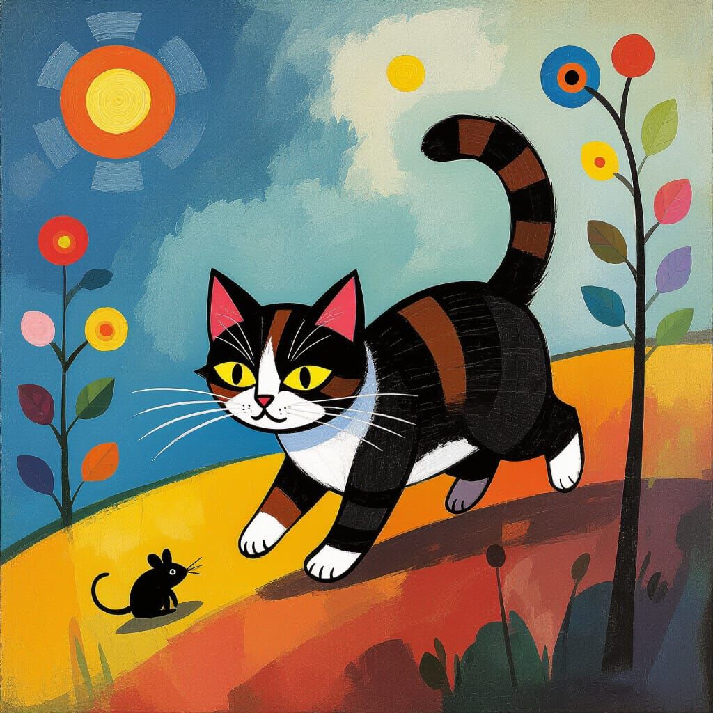 Whimsical Cat and Mouse in Expressionist Style