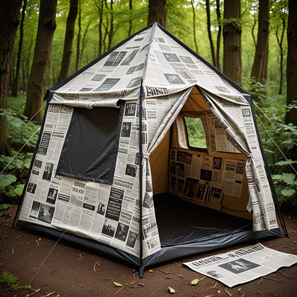 A tent made completely inside and out from newspaper