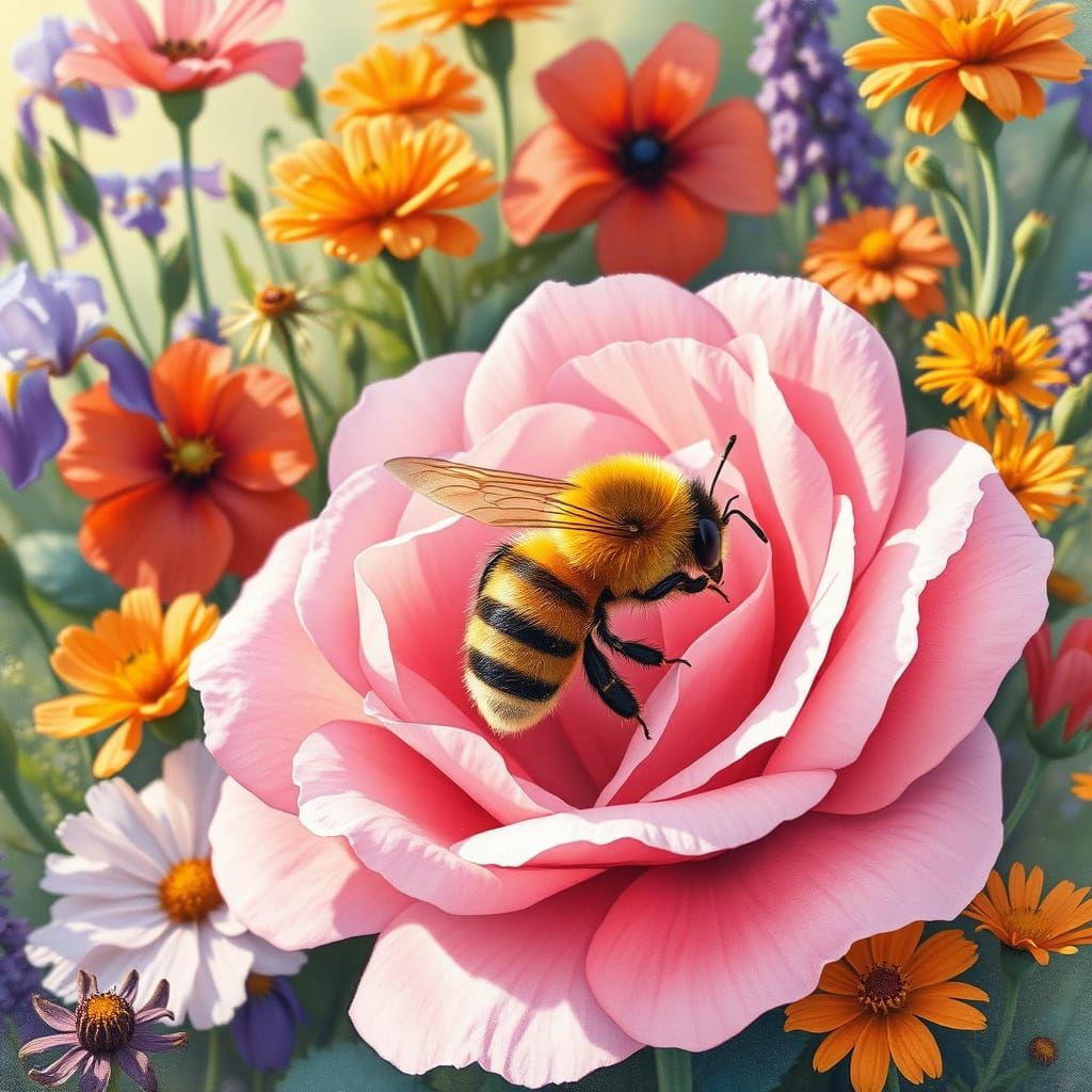 Golden Honey Bee Amidst Vibrant Floral Blooms in Impressioni...