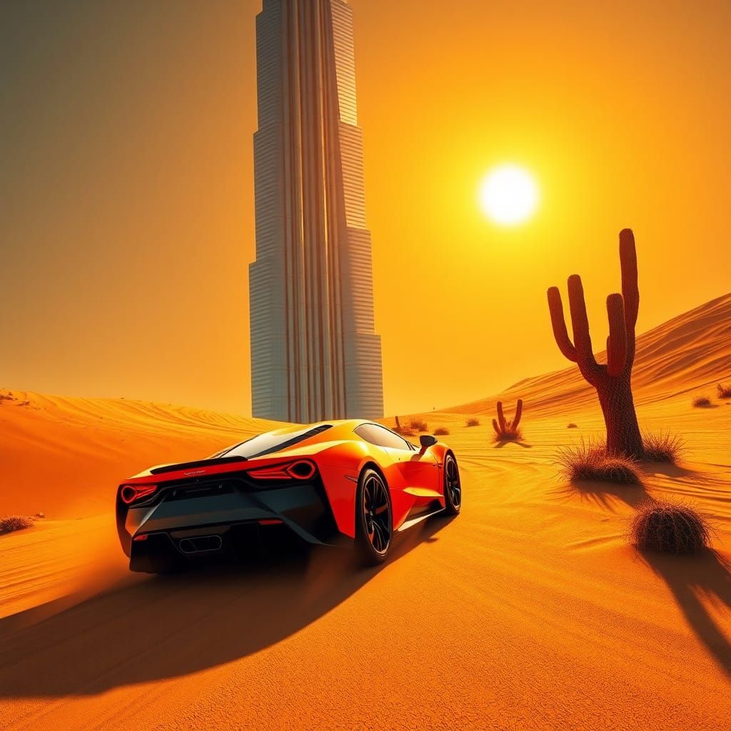 Orange Sports Car Speeds Past Futuristic Skyscraper