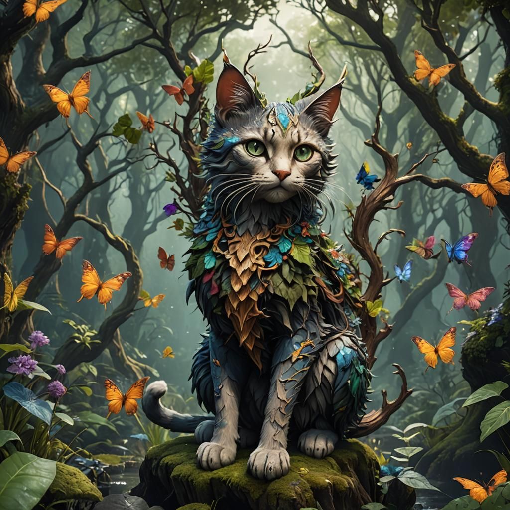 Fantastical Cat Wood Nymph Creature Art