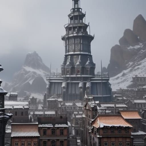 Steampunk Watch Tower in Winter Town Square