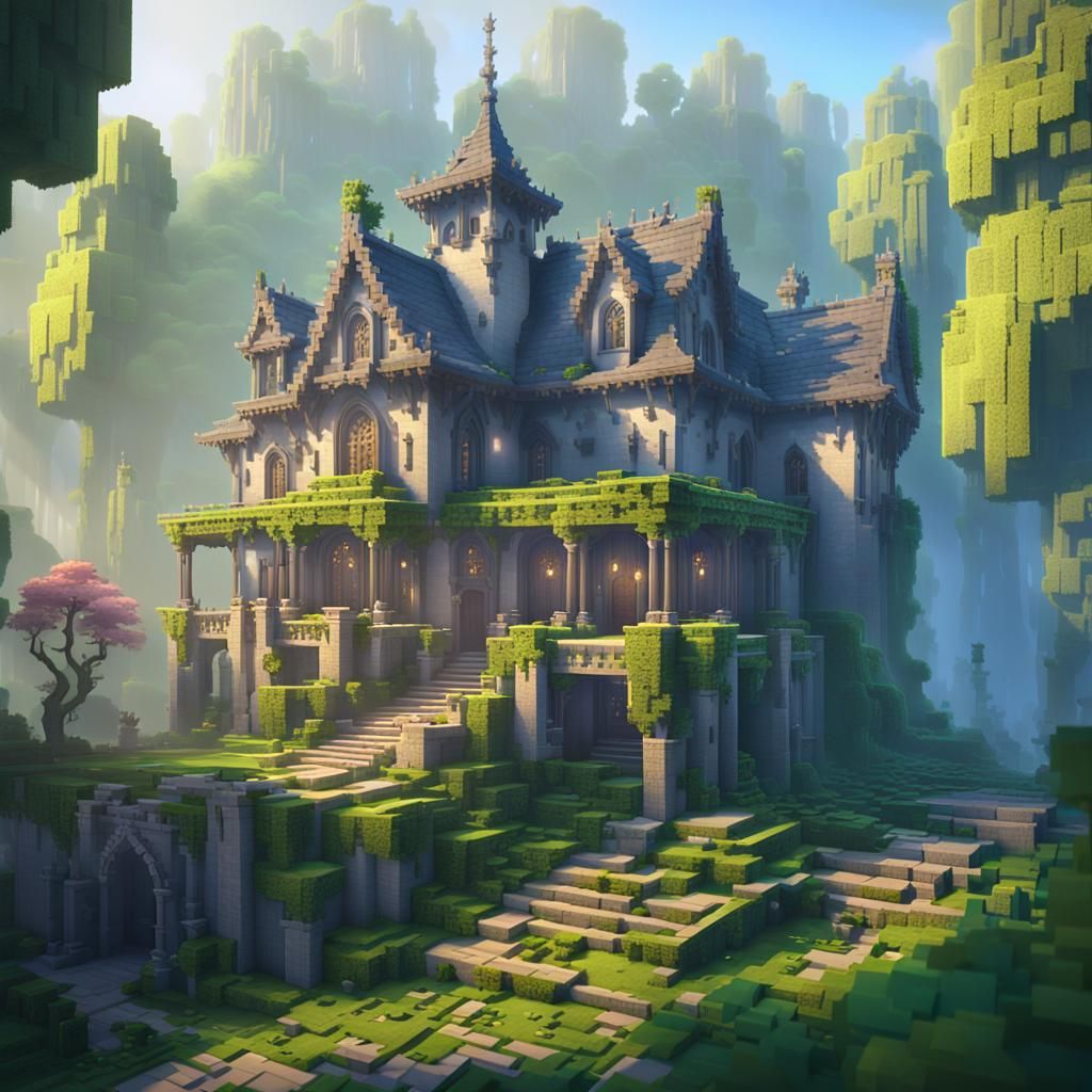 Minecraft Mansion in Misty Forest: 3D Anime Art