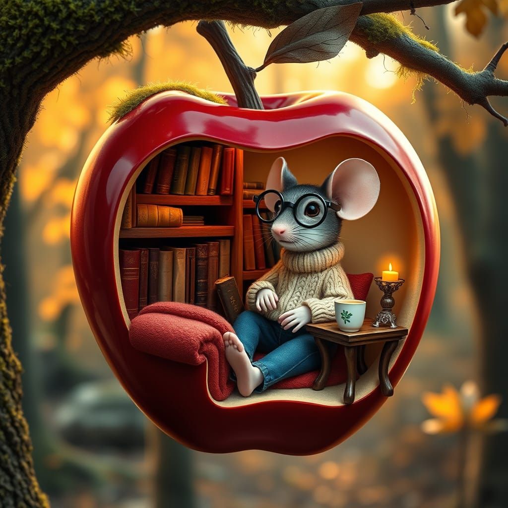 Whimsical Mouse in Enchanted Autumn Library