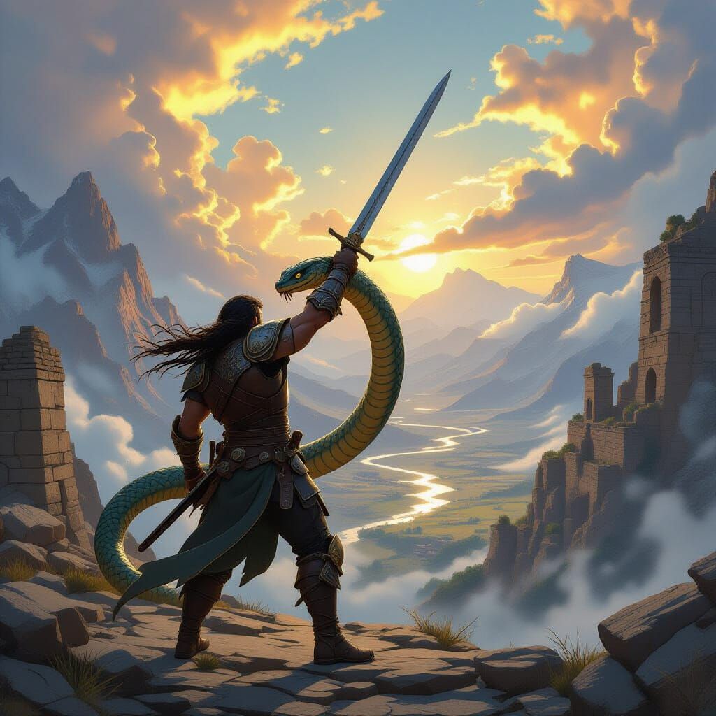 Conan Battles Giant Serpent in Mountain Pass