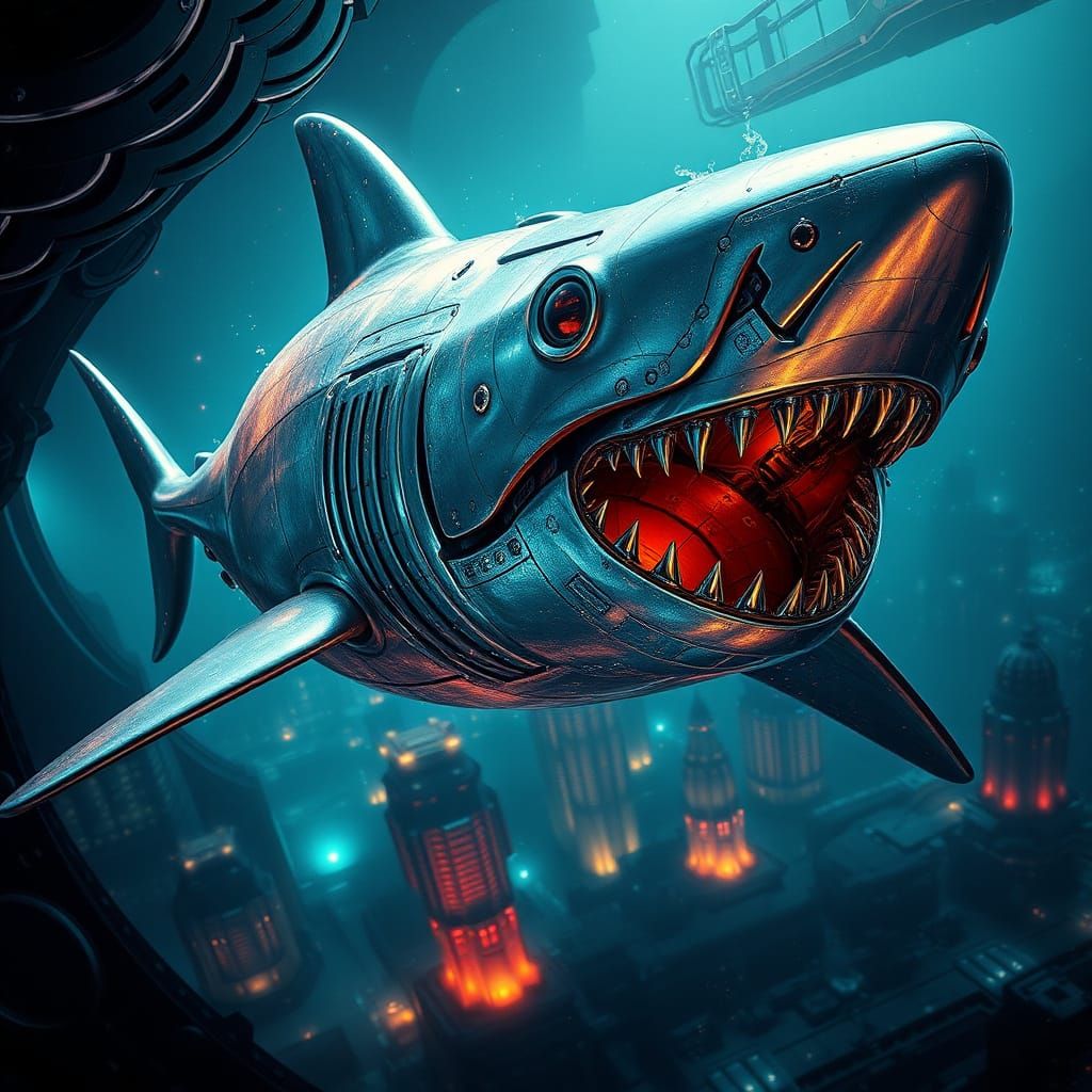 Megalodon Robot Swims Above Sunken City