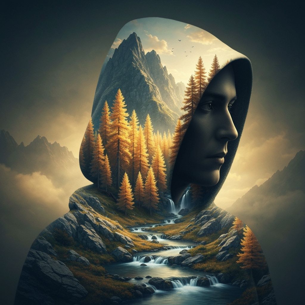 Mysterious Hooded Figure Merges With Mountain Landscape Artw...
