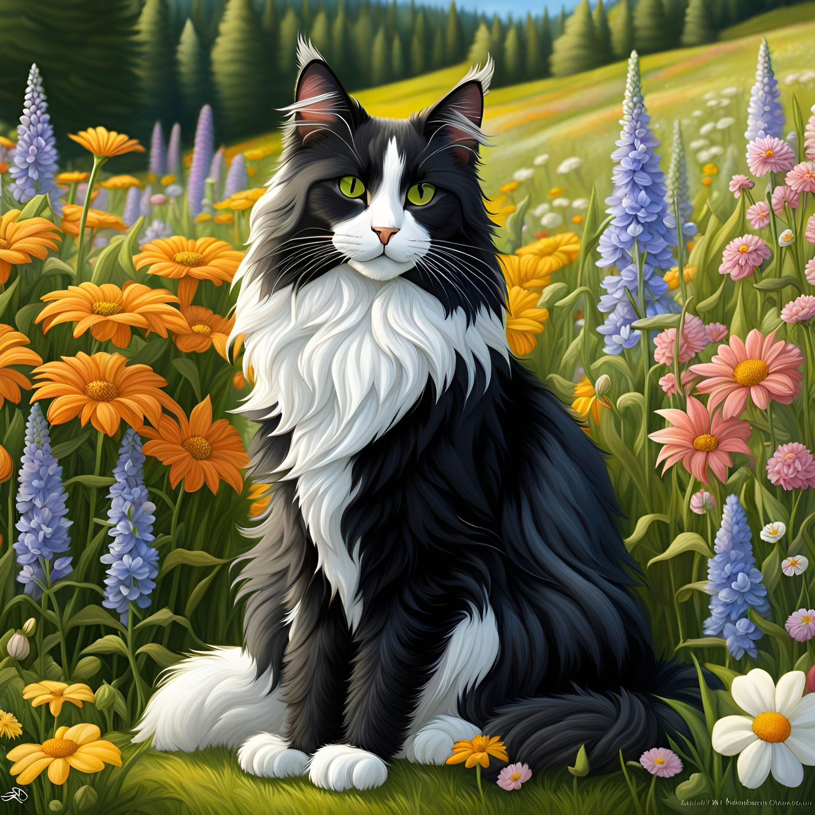 Norwegian forest cat sitting in a field of flowers, art by s...