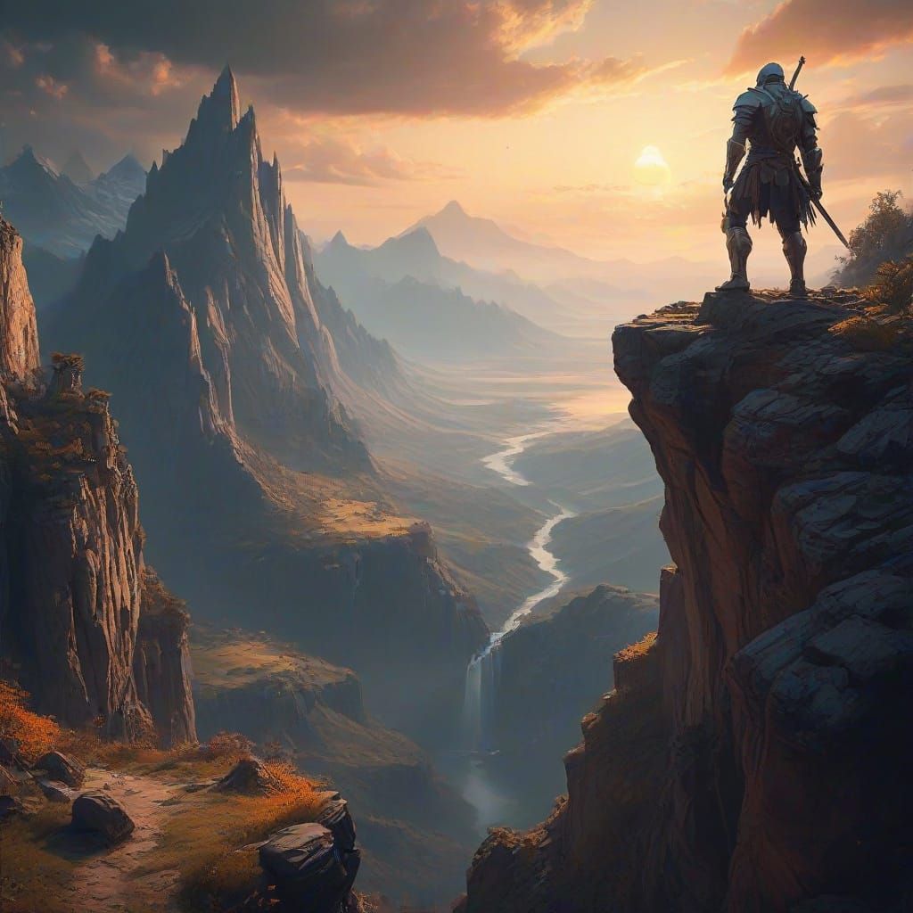 Knight Overlooks Epic Fantasy Vista in Matte Painting Style