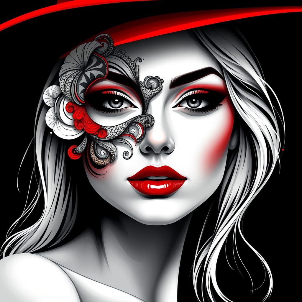 Face of a woman wearing a hat.