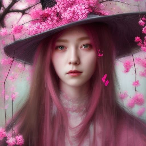 Manhwa Pink Witch Portrait with Cherry Blossoms