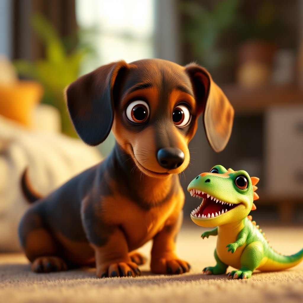 Disney-Style CGI Dachshund Plays with Dinosaur Toy
