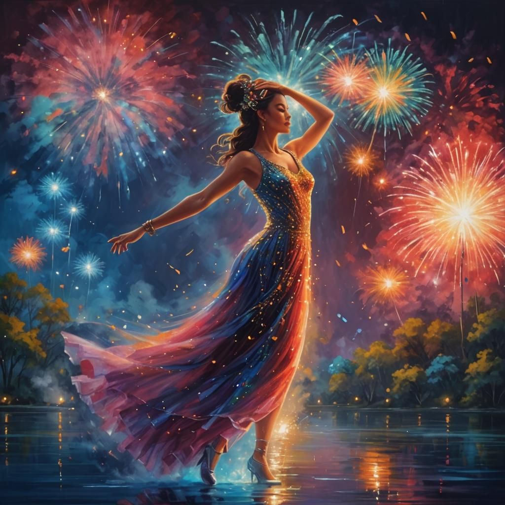 Dancing Girl and Reflection with Fireworks