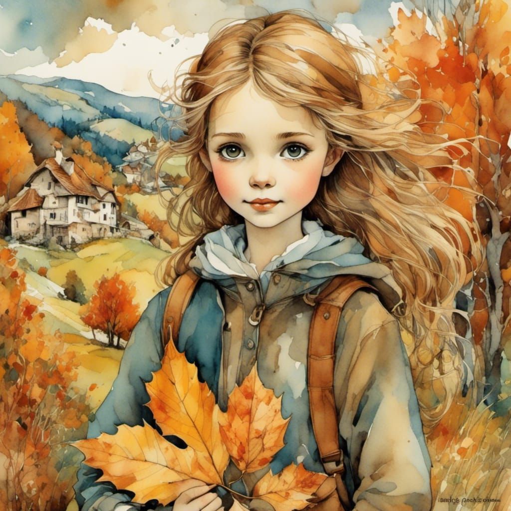 Abstract Girl with Schoolbooks and Sparkling Eyes