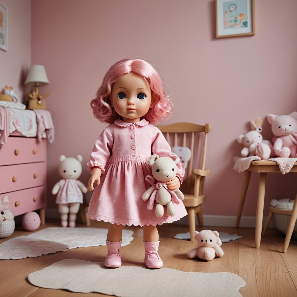 Pink Doll Holding Baby: Hyper-Realistic Digital Art