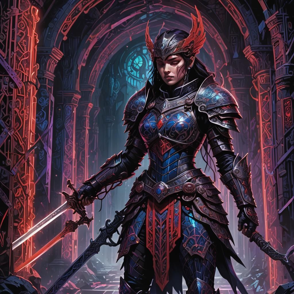 Gothic Amazon Warrior in Circuitry Catacombs