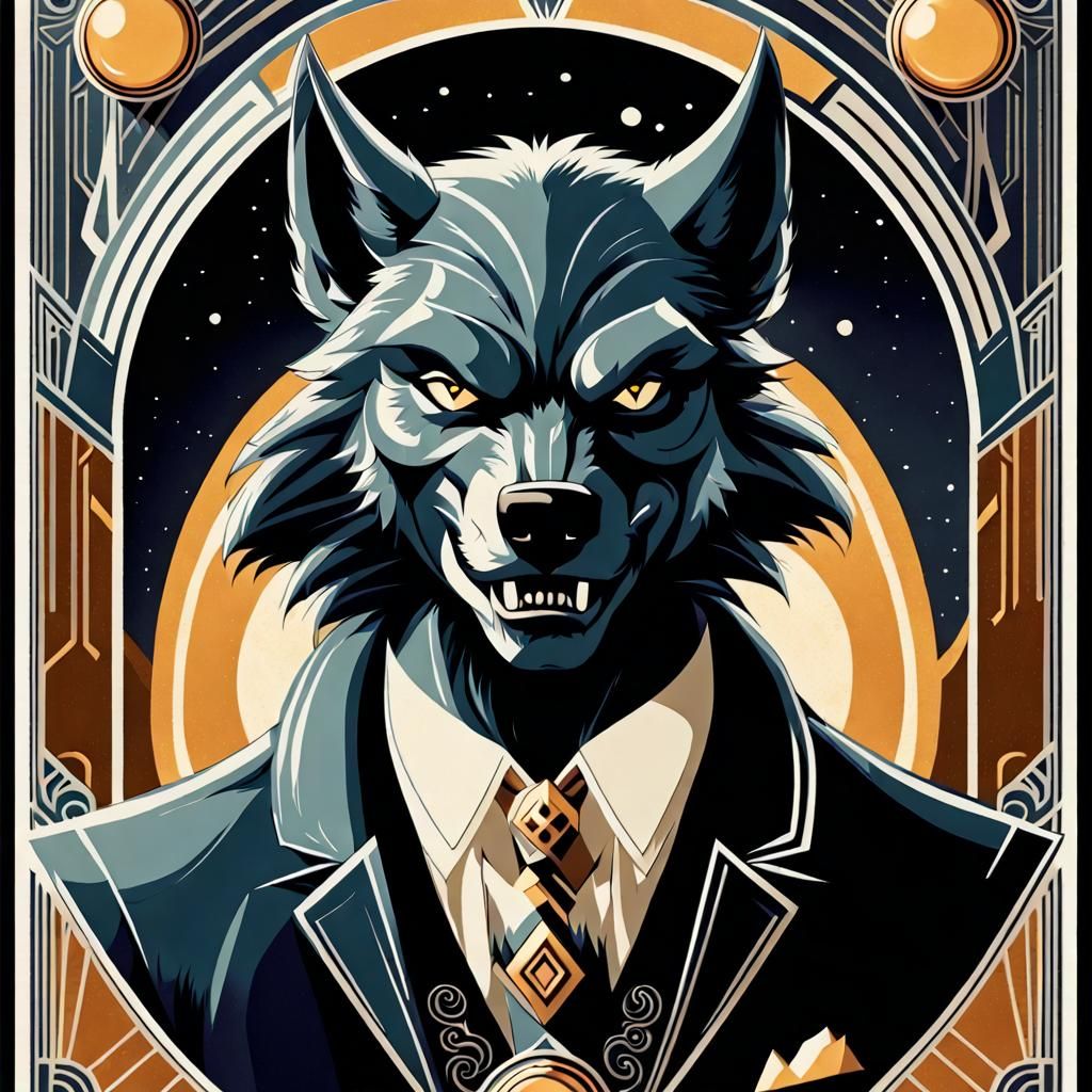 Art Deco Werewolf Card Illustration