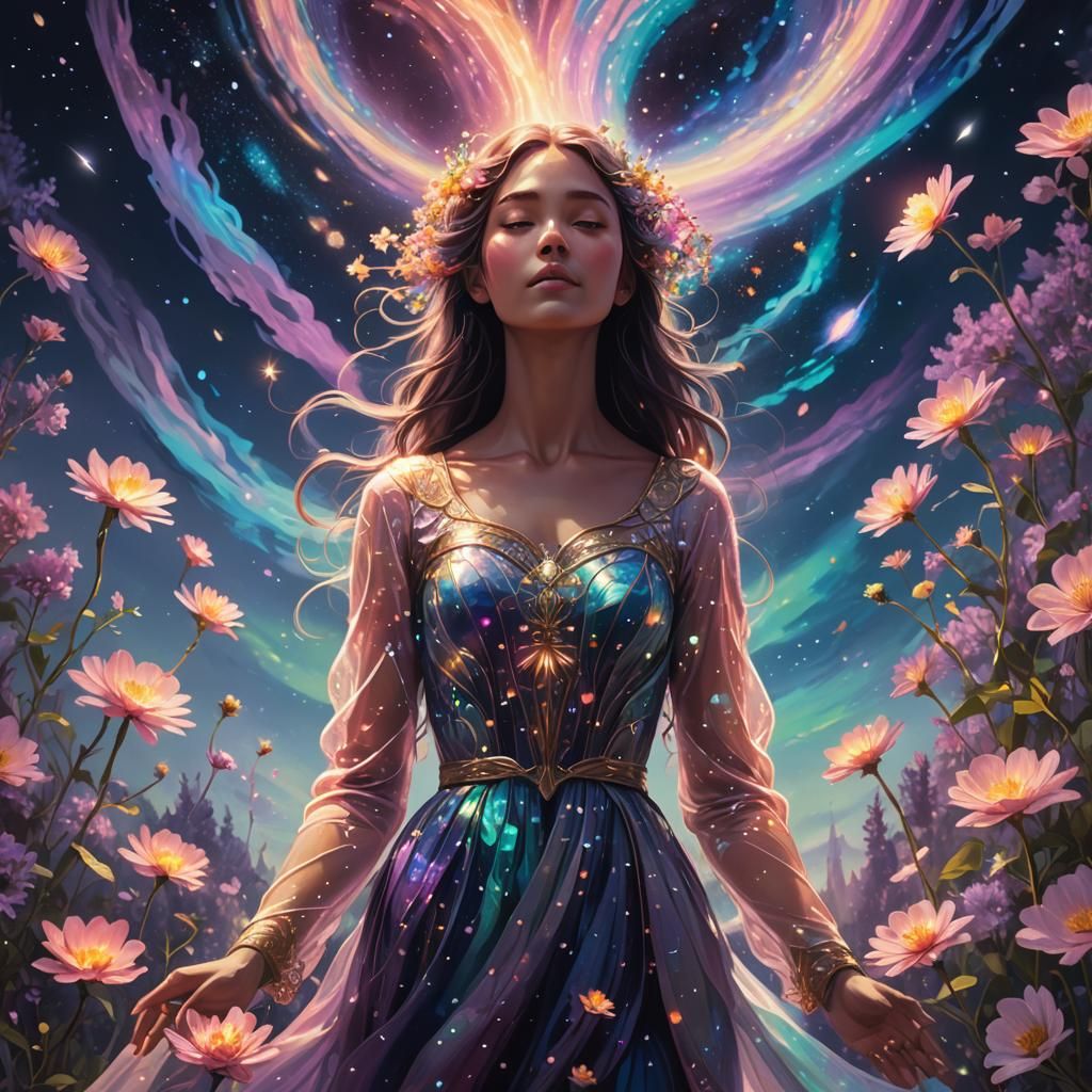 Astral Figure Amidst Iridescent Flowers and Aurora