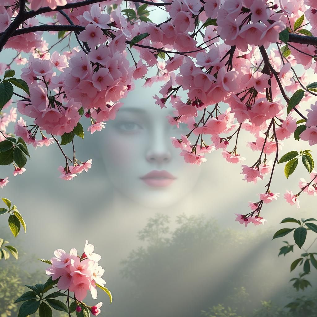 Anime Style: Cherry Blossoms and Woman in Jungle