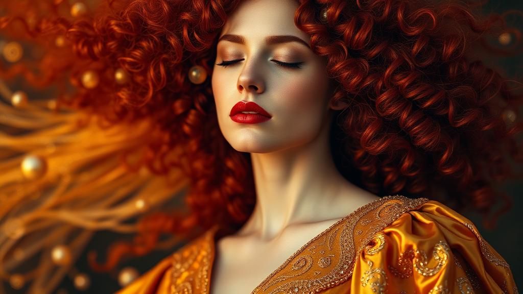 Stunning Woman with Red Hair and Golden Gown