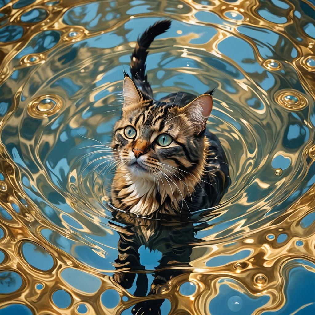 Surreal Cat in Pool: Dreamlike Oil Painting