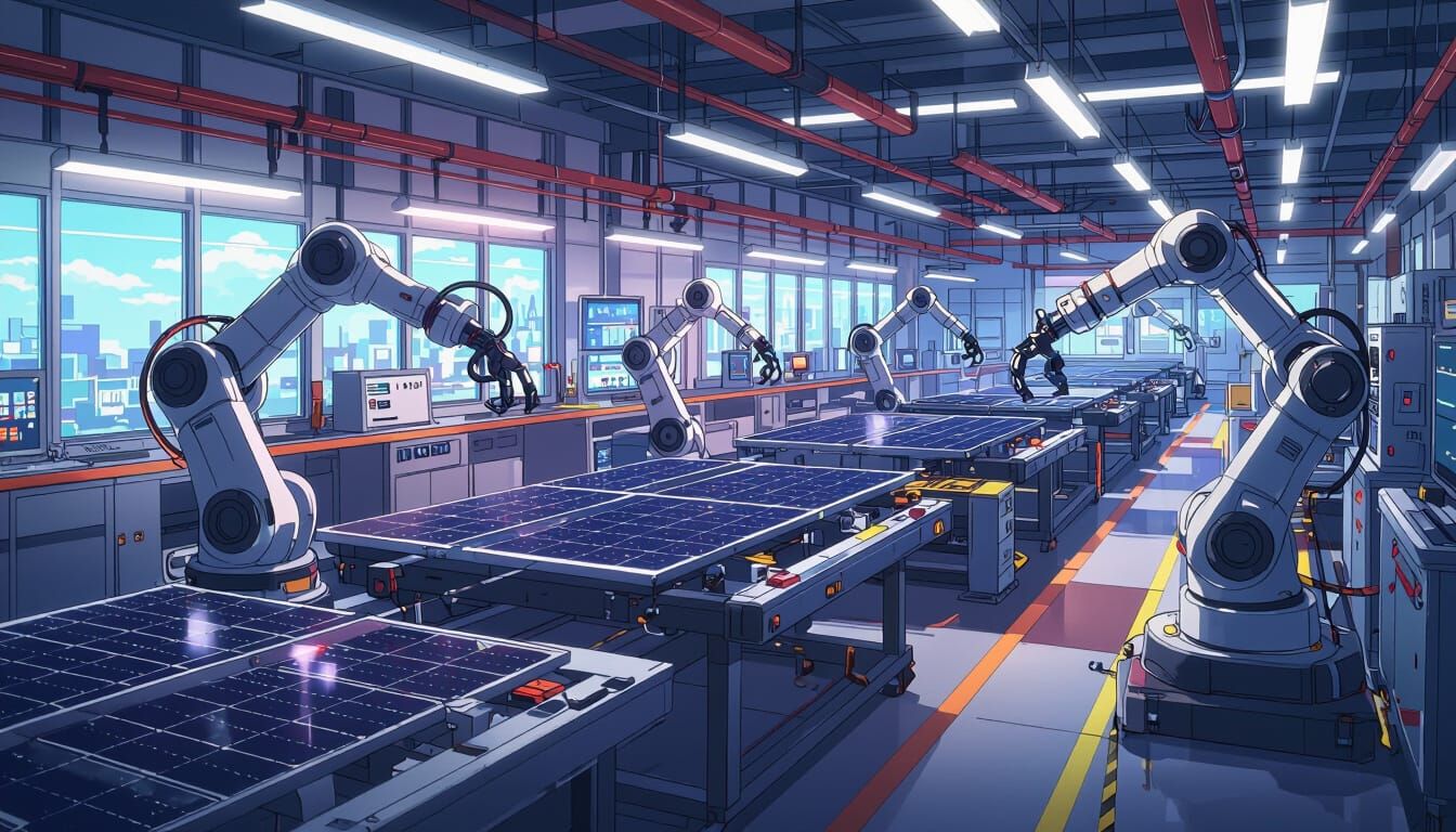 Solar Panel Production Line in Anime Style