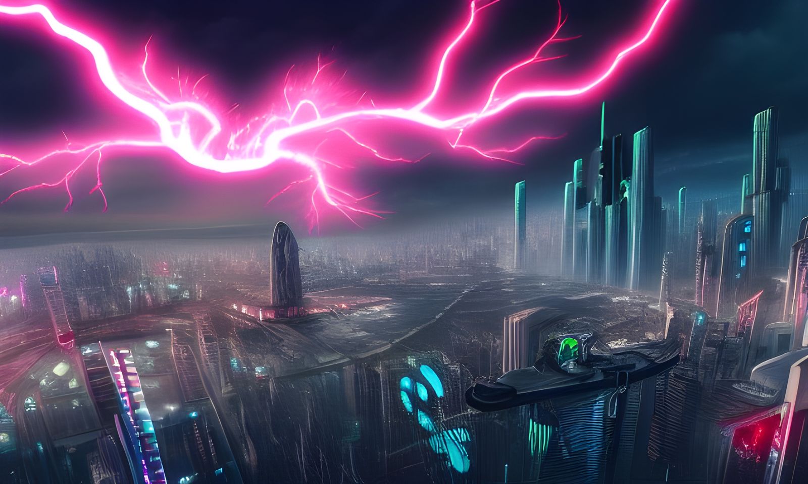 Cyberpunk Lightning Dragon Over Future City