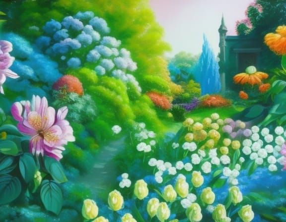 Lush Garden with Showy Blooms as Gouache Painting